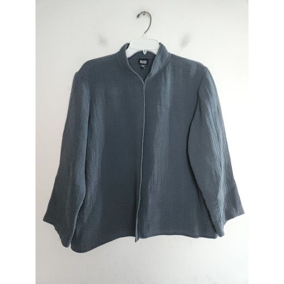 Eileen Fisher Women Grey Twill/Crepe Silk Blend Open Cardigan Jacket size Large - Picture 1 of 8